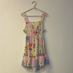 Floral Mini Dress with Pink Blue Spring Sz XS ruffle stretch elastic bow pattern